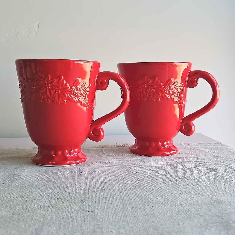 Roscher & Co. Poinsettia Collection Coffee Mug Set of 2 Red Stoneware Embossed